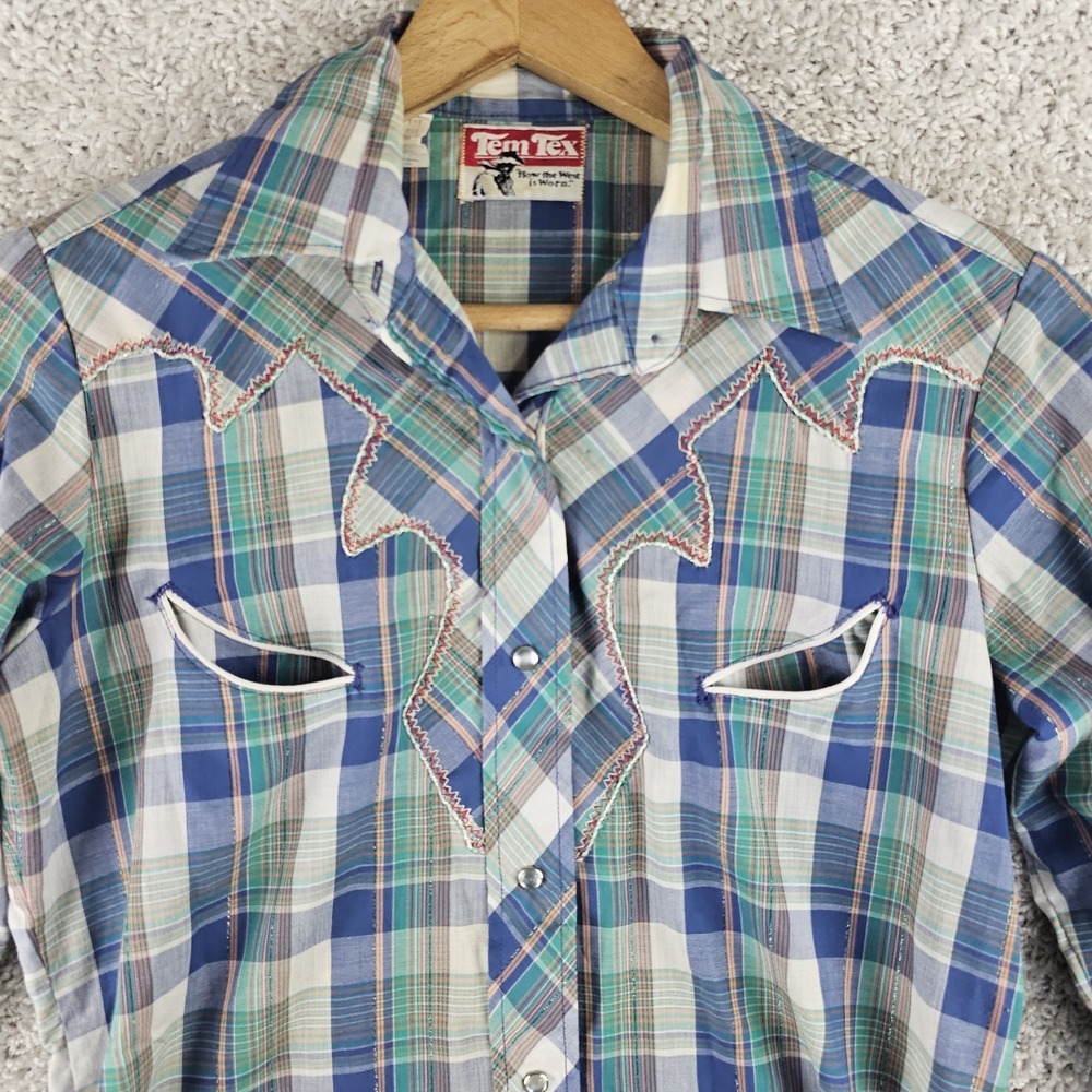Vintage 70s Tem-Tex Pearl Snap Shirt Sz S Scalloped Pocket Yoke Metallic Stripes